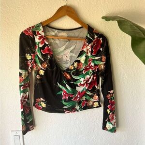 Elie Tahari Black Floral V Neck Long Sleeve Blouse